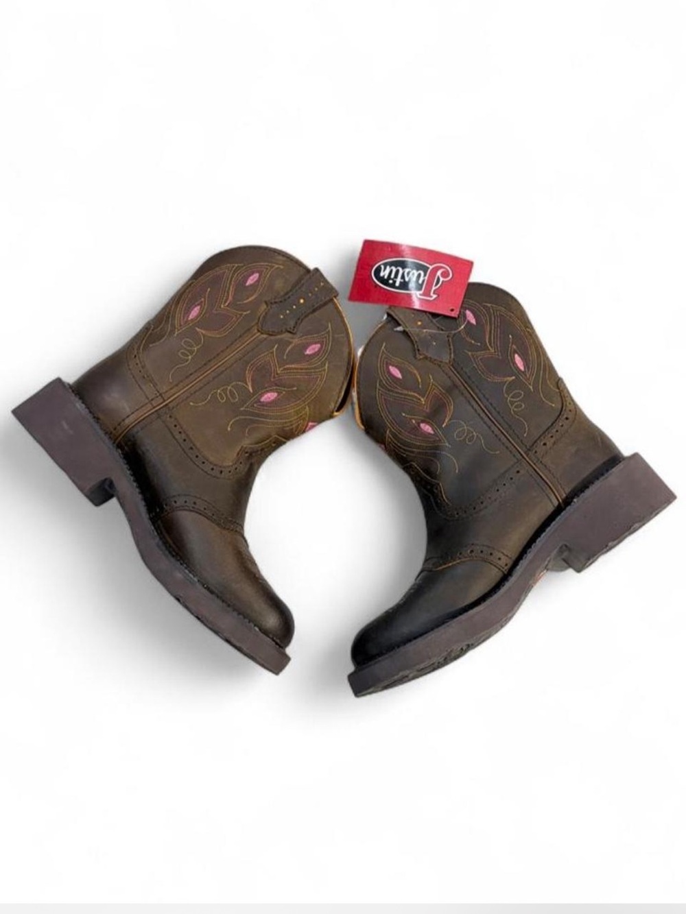 Justin Brown Western Shortie Boots with Pink Stitching. NWT 7.5